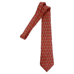 New & Unworn Hermès Paris Mens Red Silk Tie with a Topiary Flower Arrangement