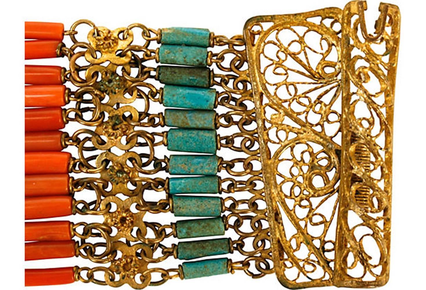 Vermeil Cuff With Coral & Turquoise In Good Condition For Sale In valatie, NY