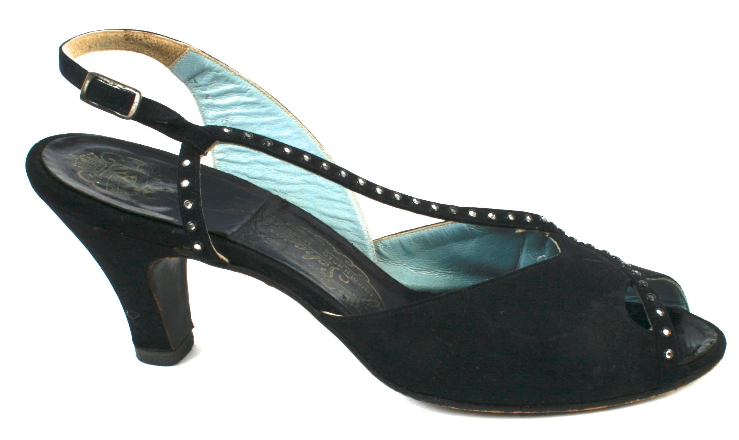Handmade Peep Toe black suede sling back pumps with glass rhinestone trimmed straps. Lined in a powder blue leather.  Label reads Hand Made Jules Schoen Lincoln Road Miami. No size. Inside sole measures 10