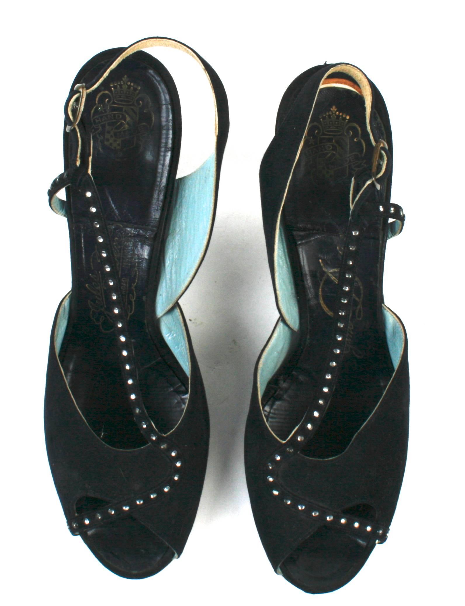 Handmade Jules Schoen Peep Toe Black Suede Pumps with Glass Rhinestone Trim In Good Condition For Sale In valatie, NY