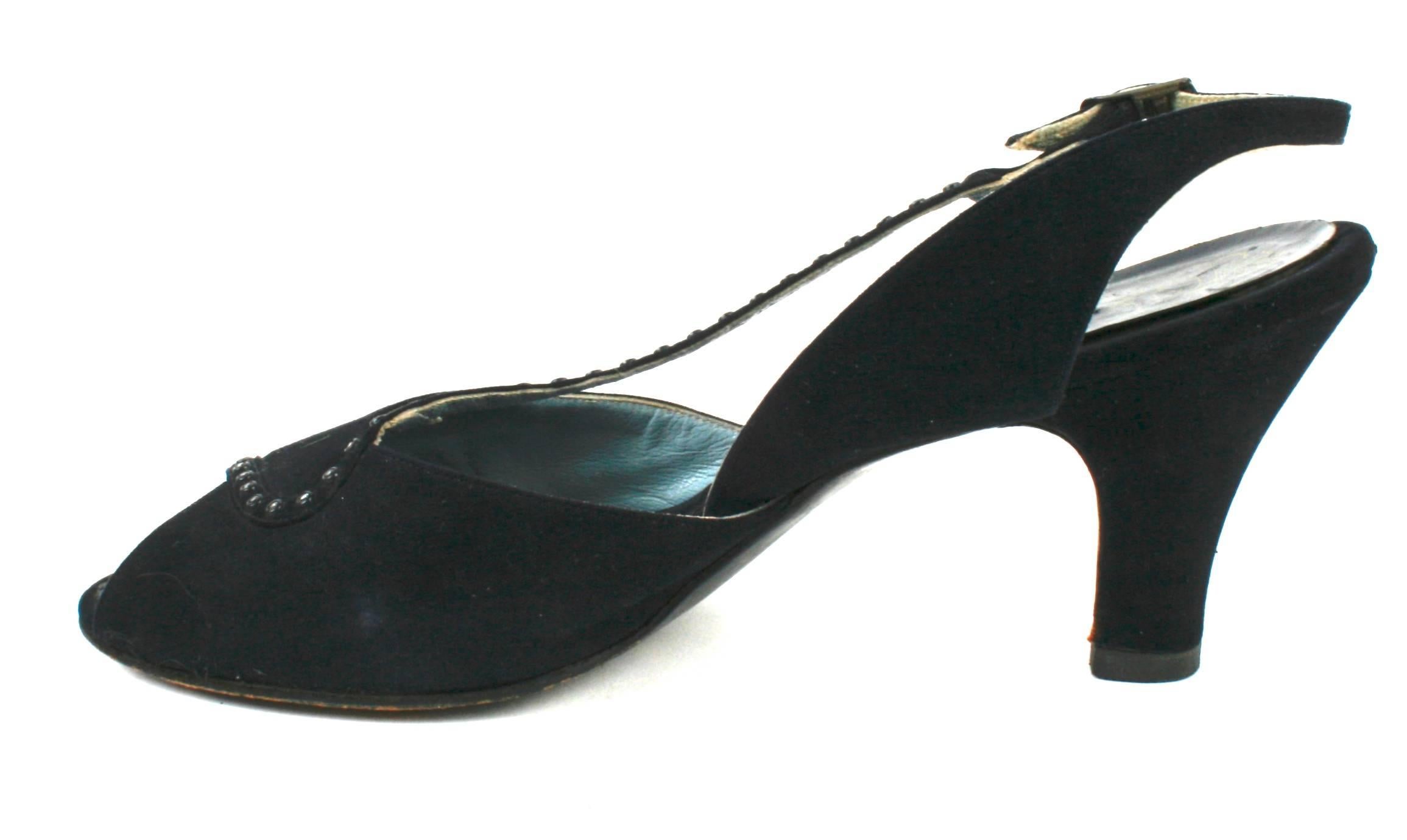 Handmade Jules Schoen Peep Toe Black Suede Pumps with Glass Rhinestone Trim For Sale 1