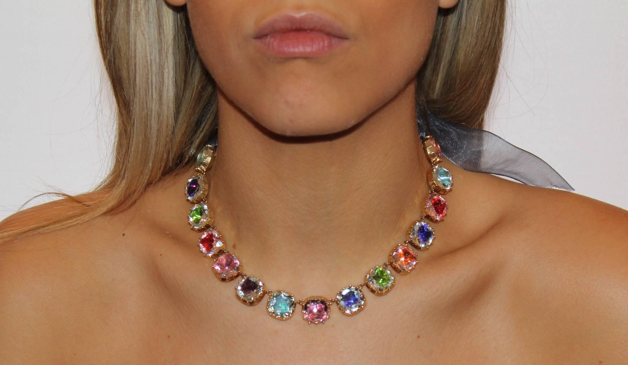 Georgian Style Harlequin Multicolour Rock Crystal Silver Riviere Necklace In New Condition For Sale In London, GB