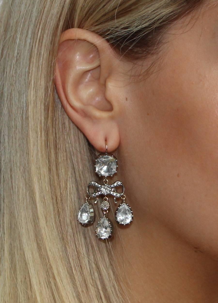Georgian Style Diamond Bow Rock Crystal Girandoles Silver Gold Vermeil Earrings In New Condition For Sale In London, GB