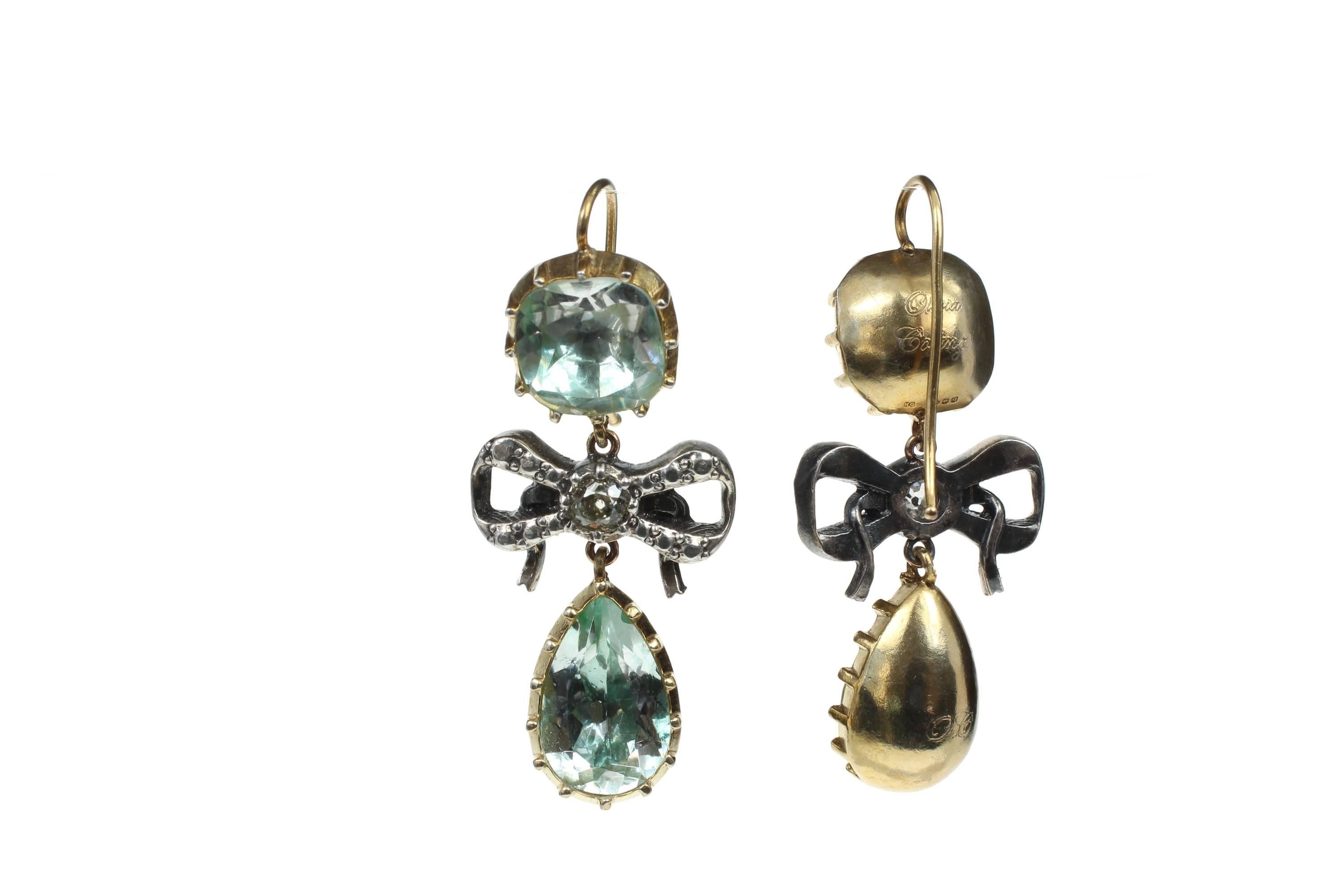 Georgian Style Diamond Bow Green Rock Crystal Silver Gold Vermeil Drop Earrings  In New Condition For Sale In London, GB