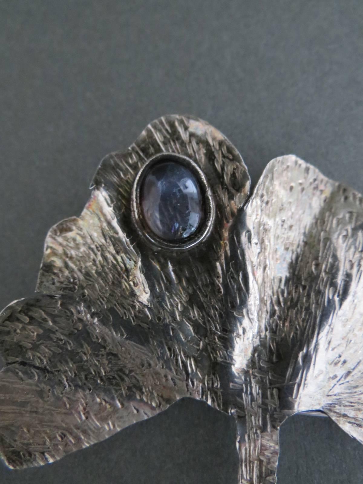 Women's Danish Silver Amethyst Modernist Mid Century Leaf Brooch For Sale