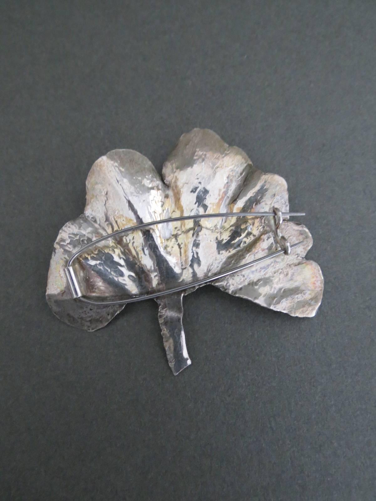 Danish Silver Amethyst Modernist Mid Century Leaf Brooch For Sale 1