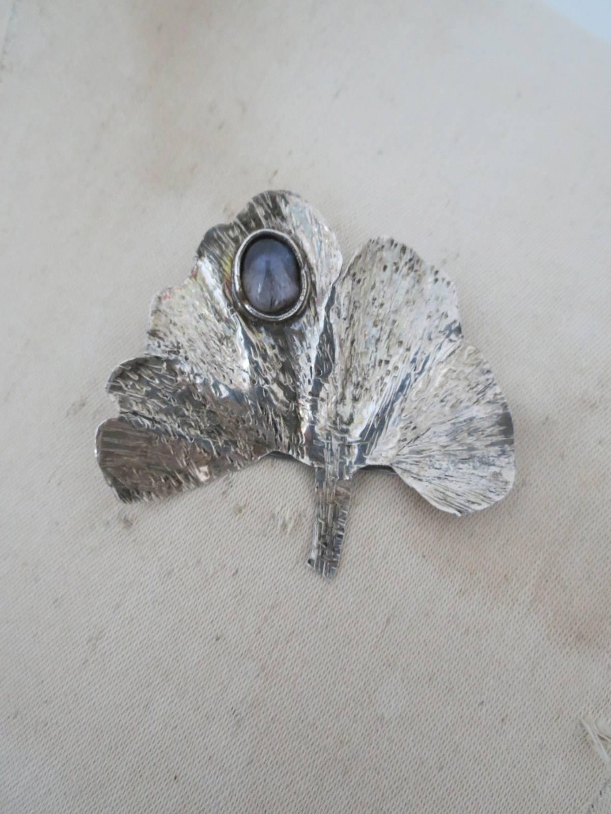 Danish Silver Amethyst Modernist Mid Century Leaf Brooch For Sale 2