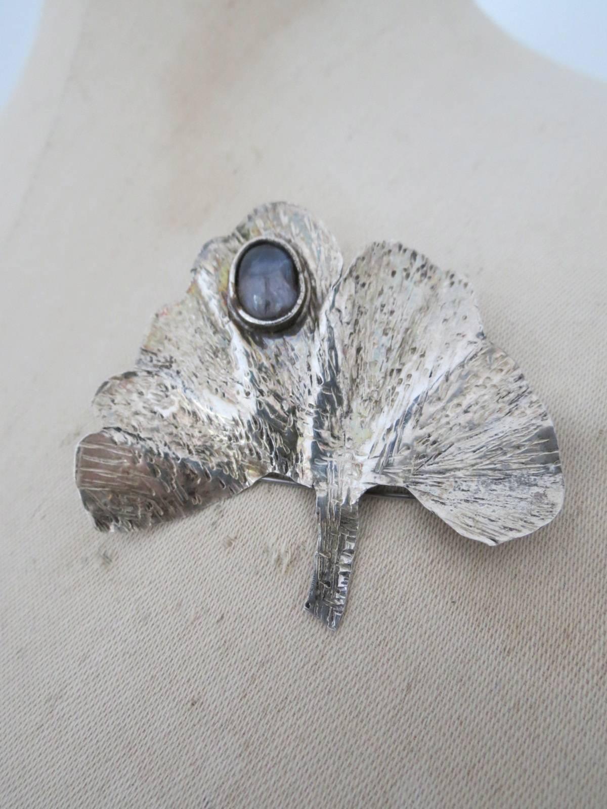 Danish Silver Amethyst Modernist Mid Century Leaf Brooch For Sale 3