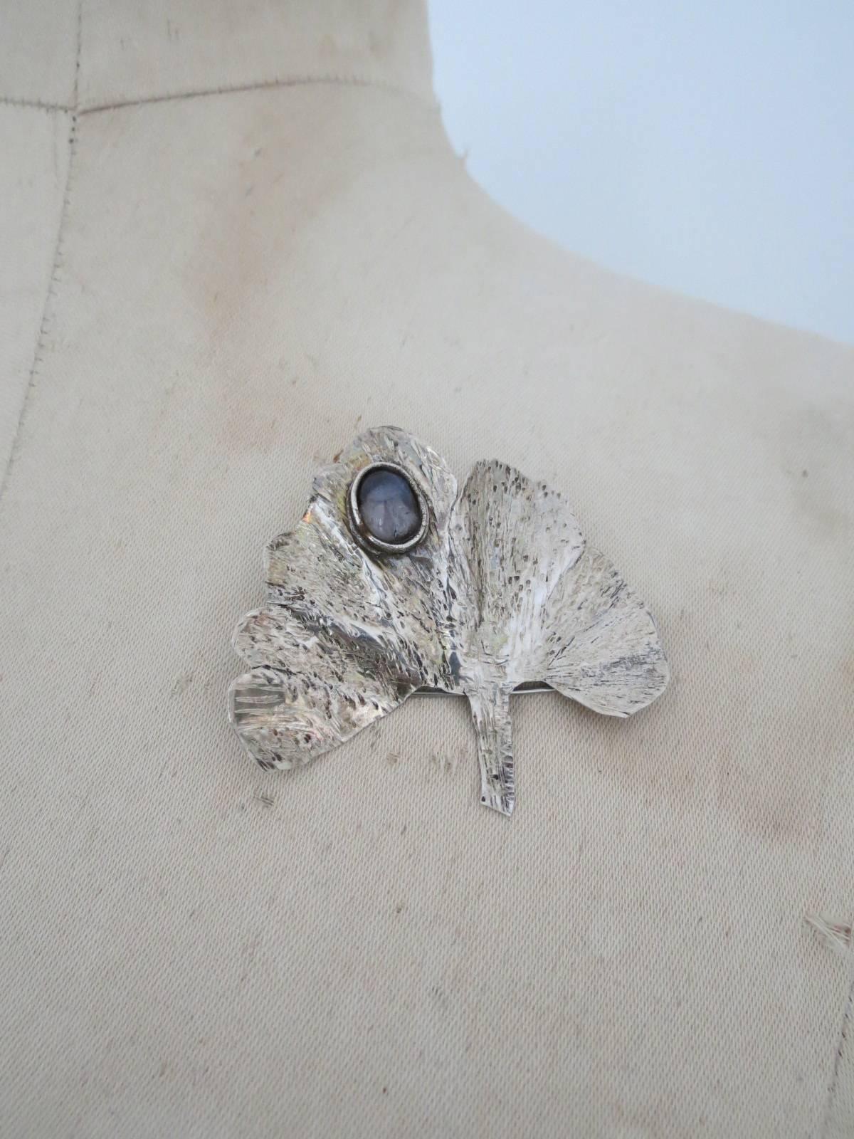 Danish Silver Amethyst Modernist Mid Century Leaf Brooch For Sale 4