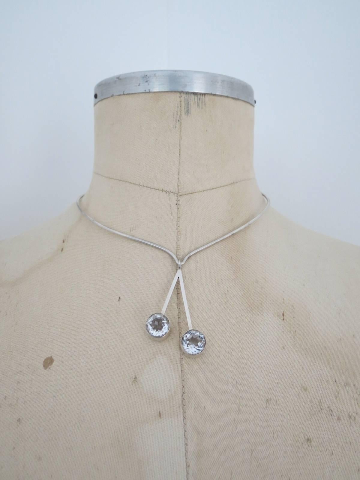 Danish Silver Quartz Crystal Modernist Choker Necklace by Hermann Siersbol For Sale 4