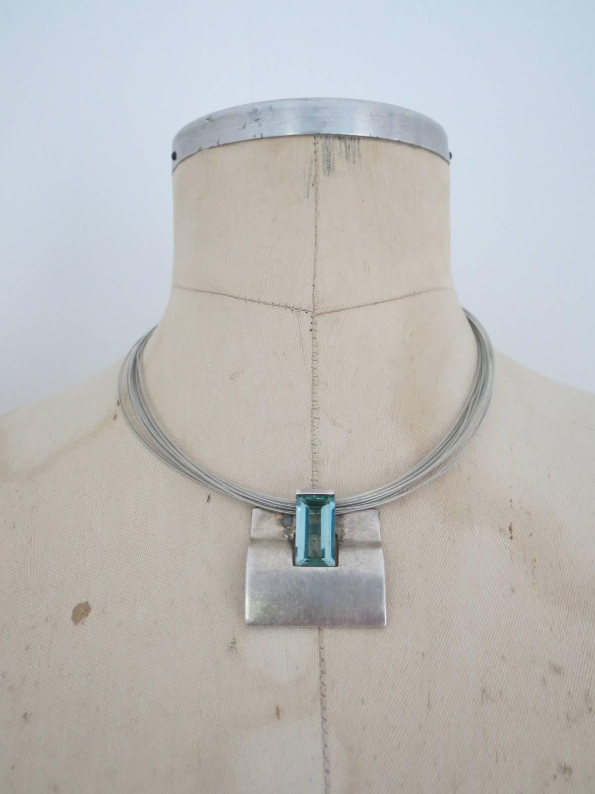Danish Silver Topaz Modernist Mid Century Pendant Necklace Choker  For Sale 5