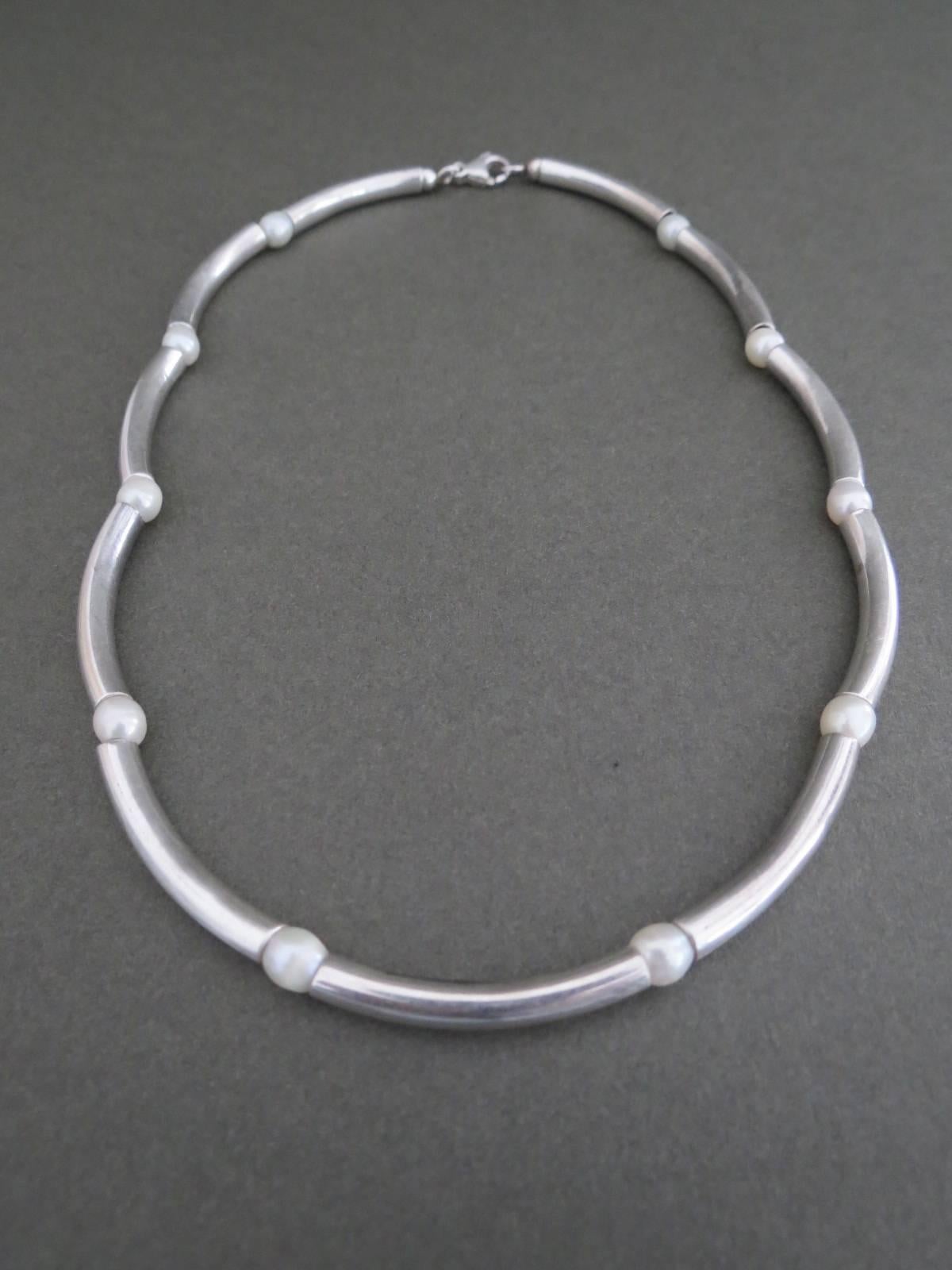 Danish Silver Pearl Modernist Mid Century Necklace Choker  In Good Condition For Sale In Hove, GB