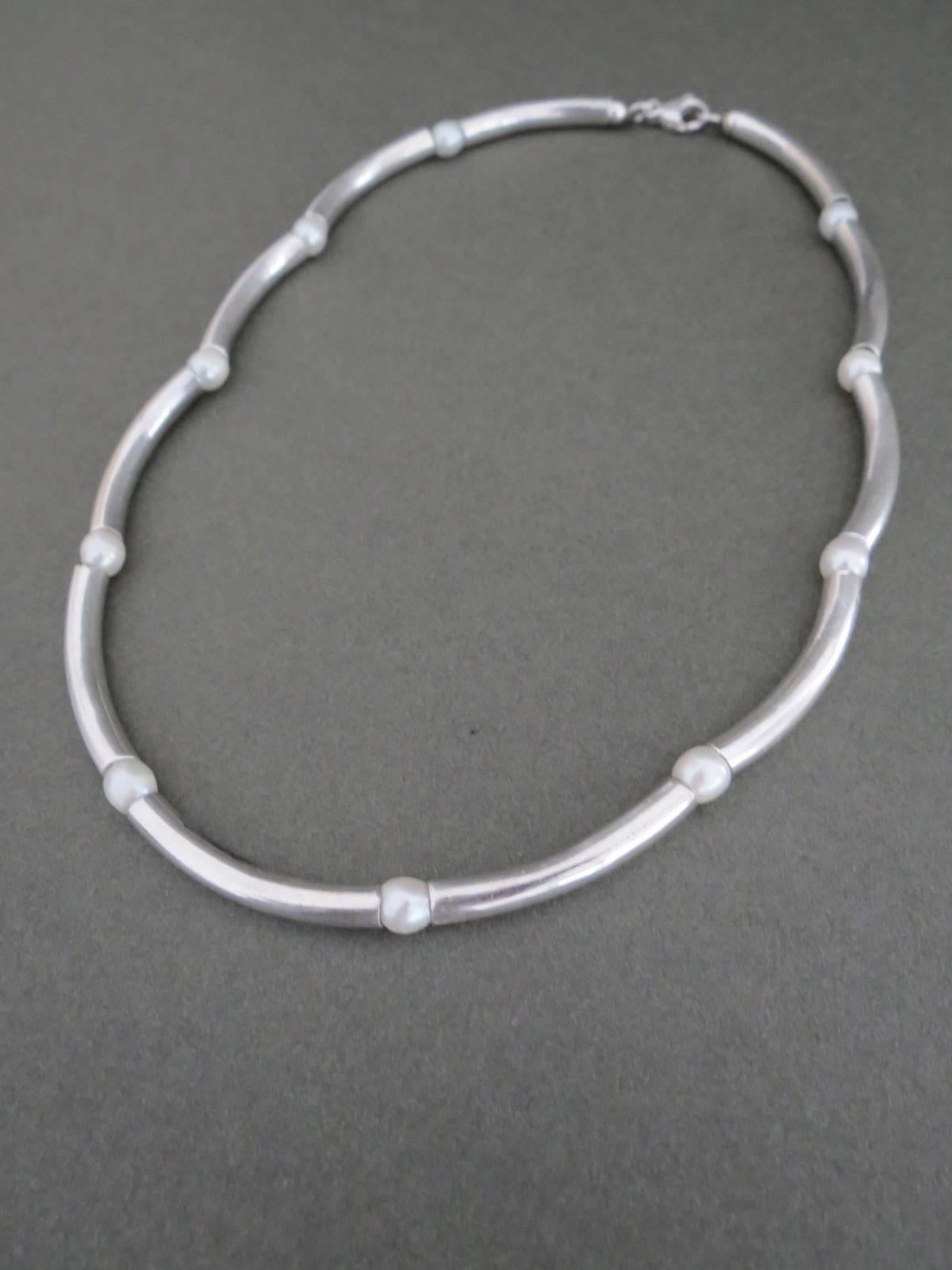Women's Danish Silver Pearl Modernist Mid Century Necklace Choker  For Sale