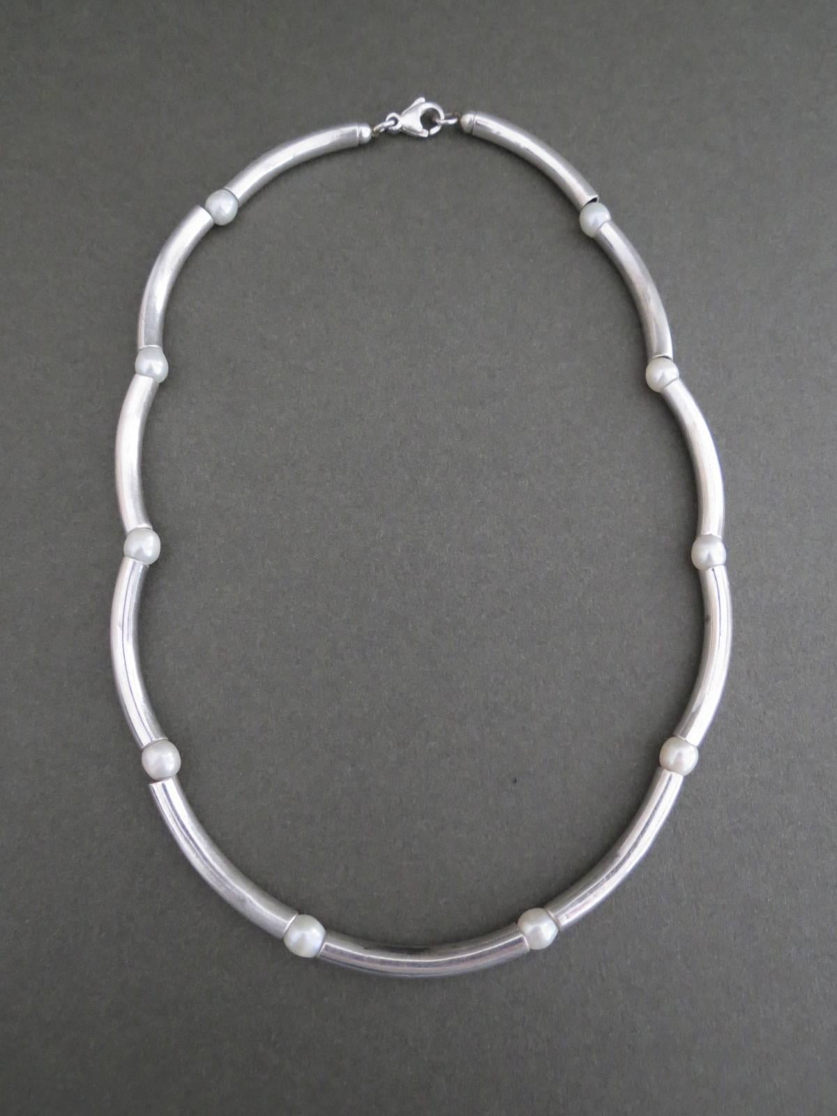 Danish Silver Pearl Modernist Mid Century Necklace Choker  For Sale 2