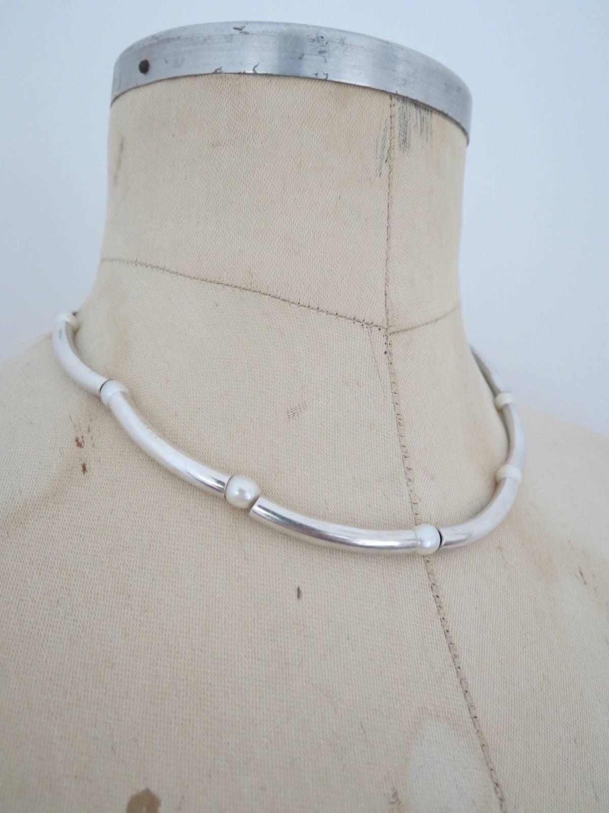 Danish Silver Pearl Modernist Mid Century Necklace Choker  For Sale 5