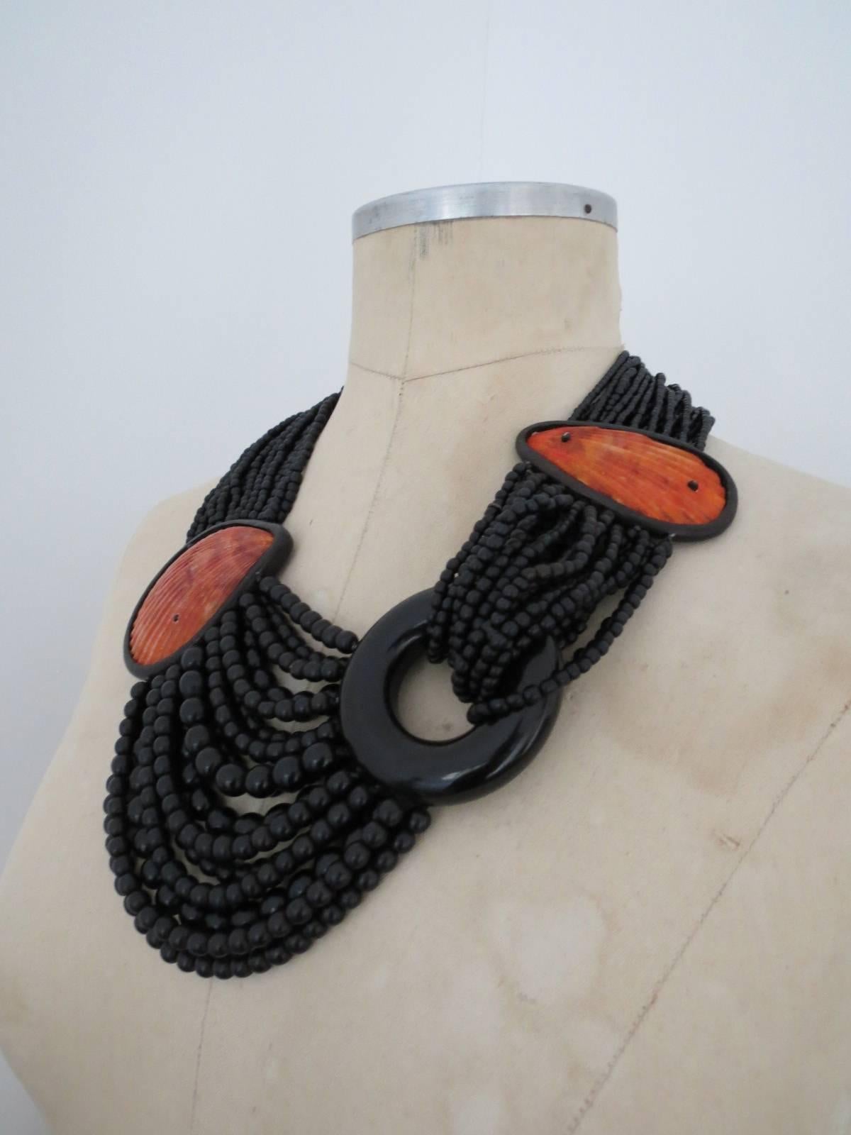 Modernist Danish Monies Gerda Lynggaard Shell Ebony Necklace Signed Unique For Sale