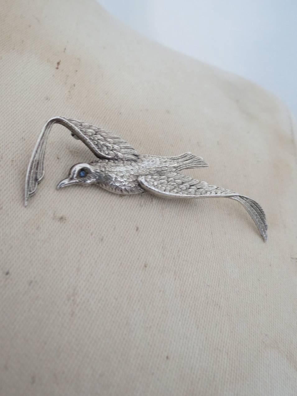 Danish Silver Bird Brooch with Aquamarine Paste For Sale 3