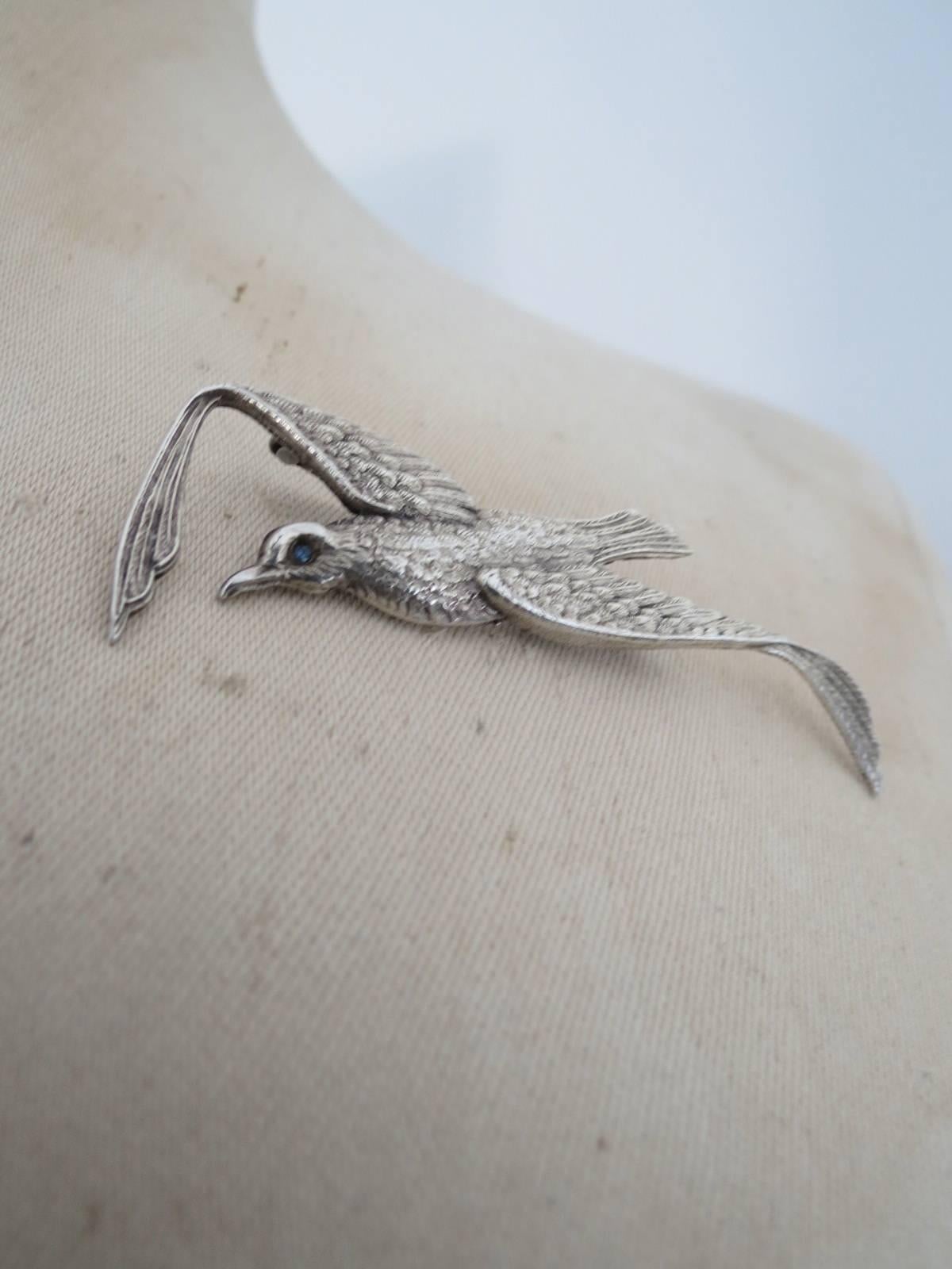 Danish Silver Bird Brooch with Aquamarine Paste For Sale 5