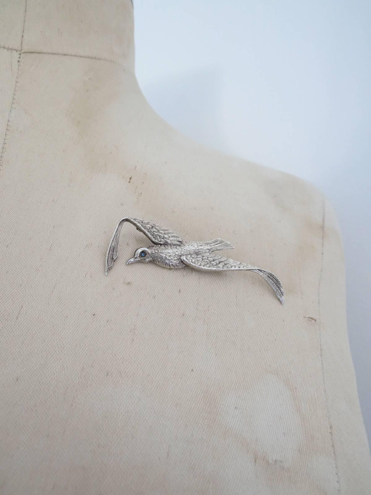 Danish Silver Bird Brooch with Aquamarine Paste For Sale 4