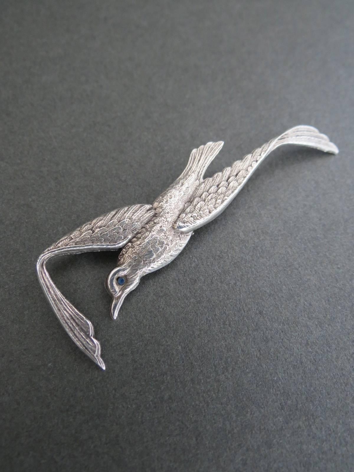 Danish Silver Bird Brooch with Aquamarine Paste For Sale 1