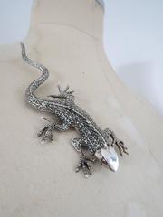 Art Deco Silver Marcasite Garnet Large Lizard Salamander Brooch