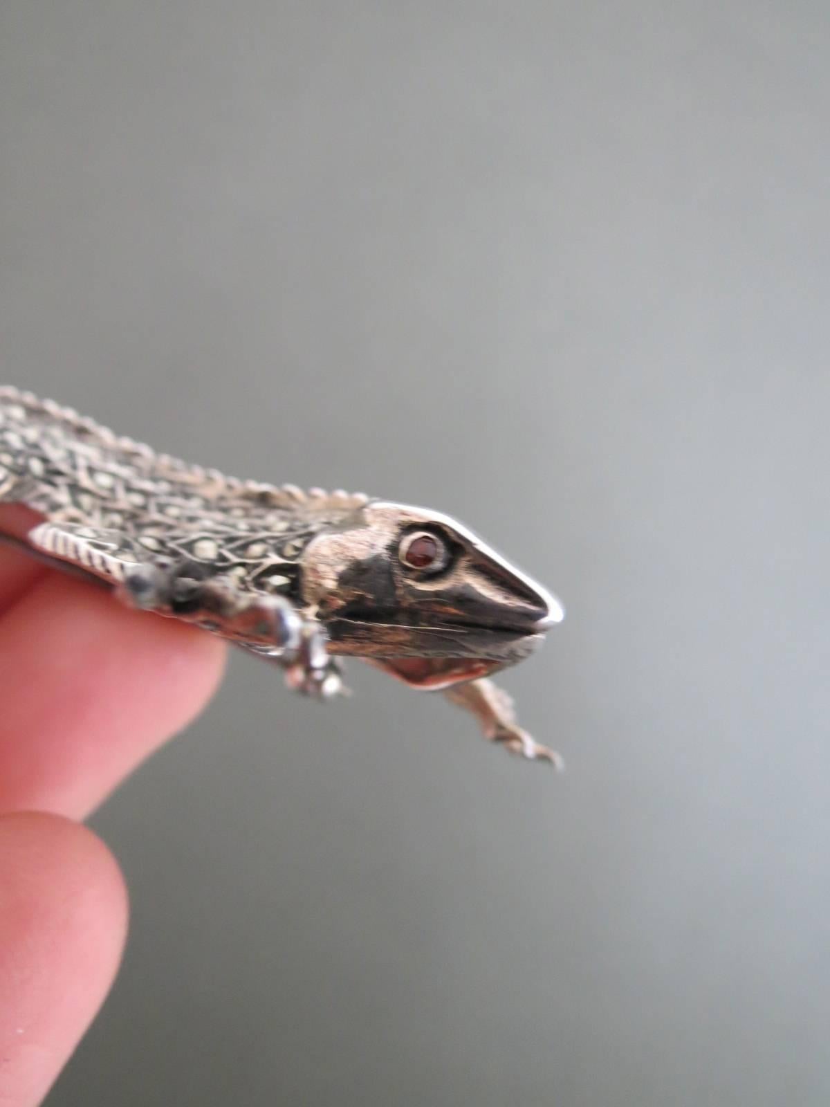 Art Deco Silver Marcasite Garnet Large Lizard Salamander Brooch  1