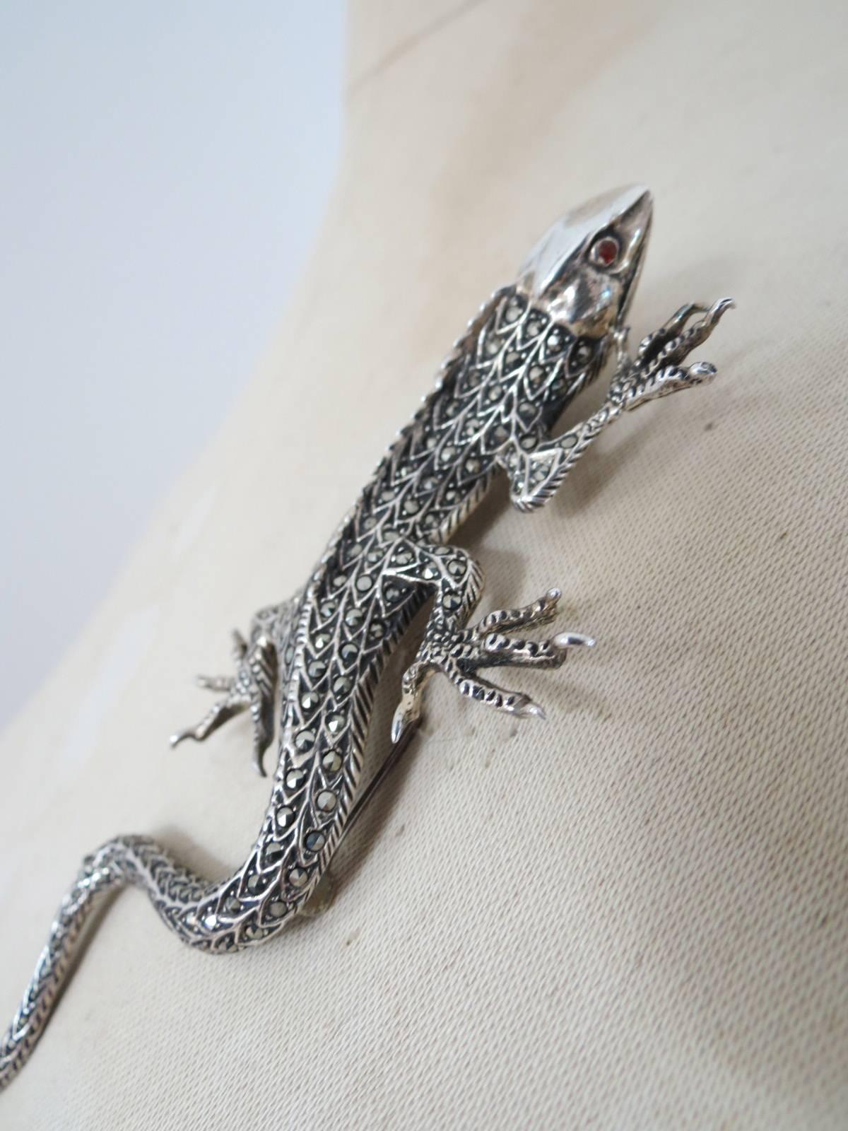 Art Deco Silver Marcasite Garnet Large Lizard Salamander Brooch  3