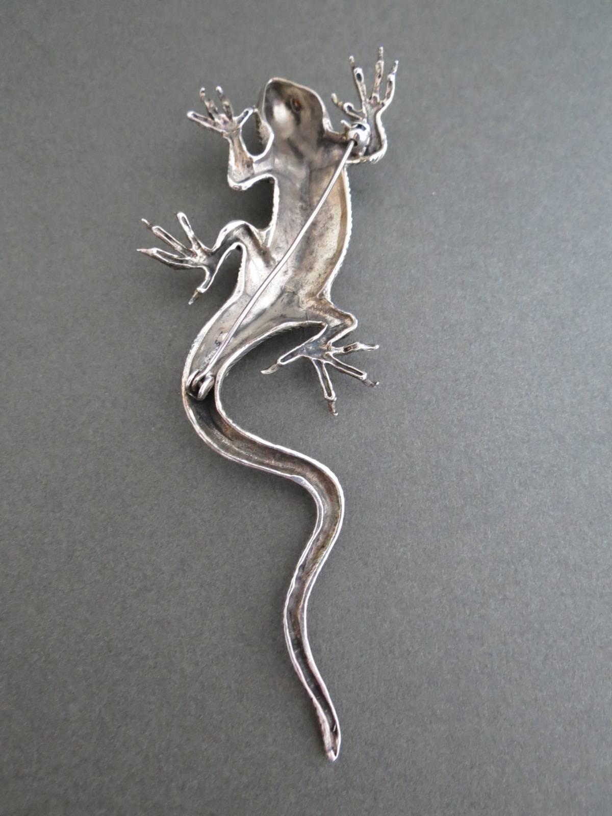 Art Deco Silver Marcasite Garnet Large Lizard Salamander Brooch  2