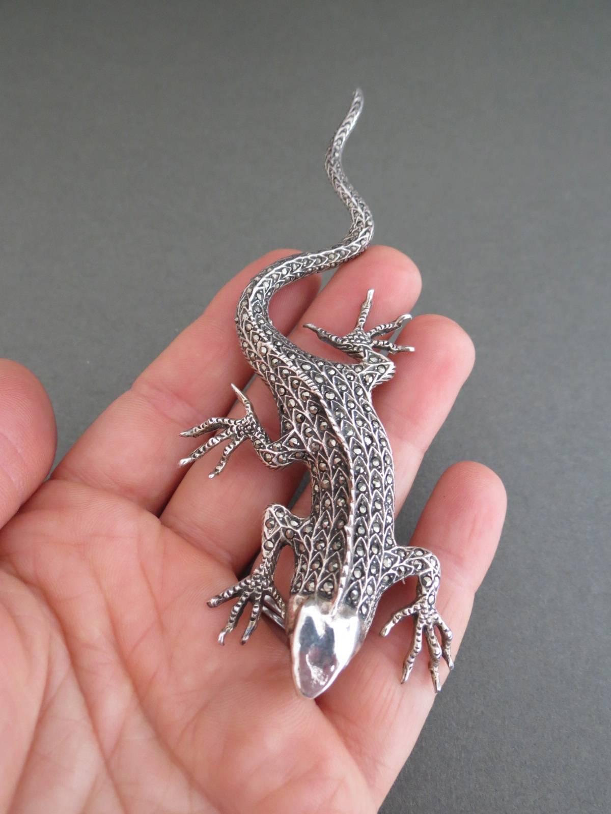 Art Deco Silver Marcasite Garnet Large Lizard Salamander Brooch  6