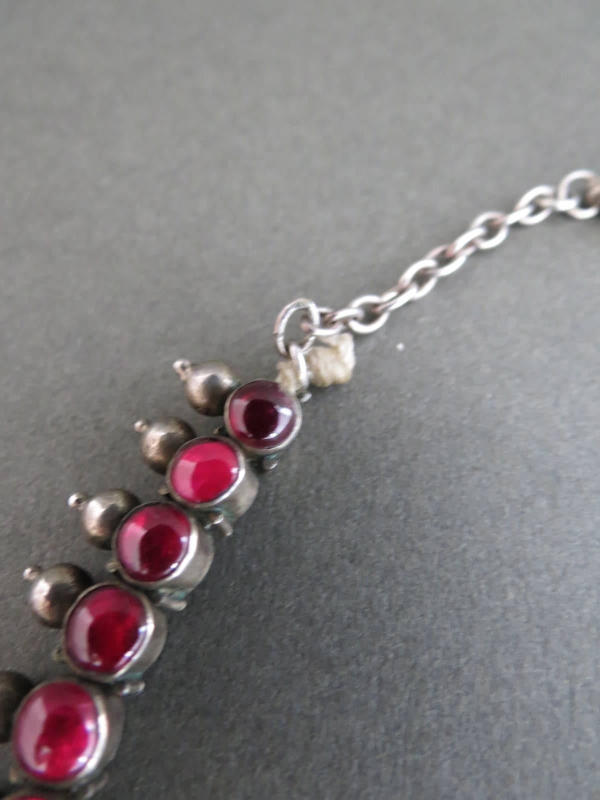 Arts and Crafts Vintage Indian Silver Ruby and Quartz Choker Necklace For Sale