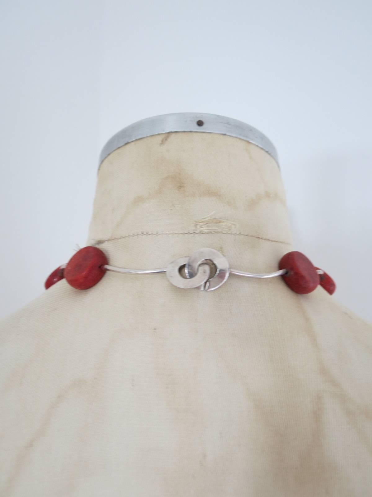 Vintage Danish Mid Century Modernist Coral Silver Choker Necklace  For Sale 5