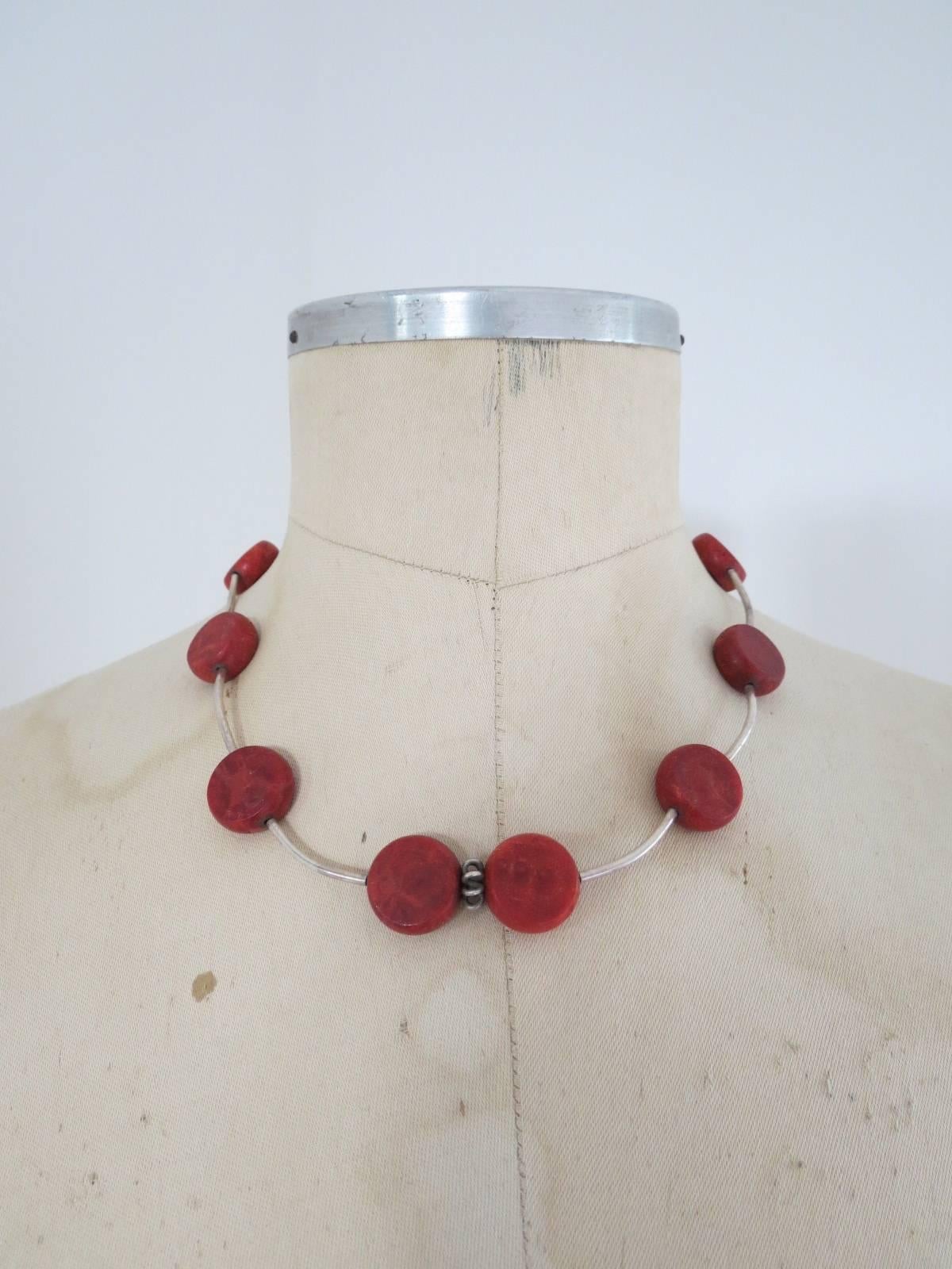 Vintage Danish Mid Century Modernist Coral Silver Choker Necklace  For Sale 1