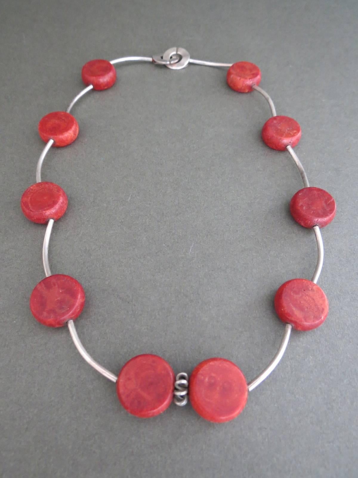Women's Vintage Danish Mid Century Modernist Coral Silver Choker Necklace  For Sale