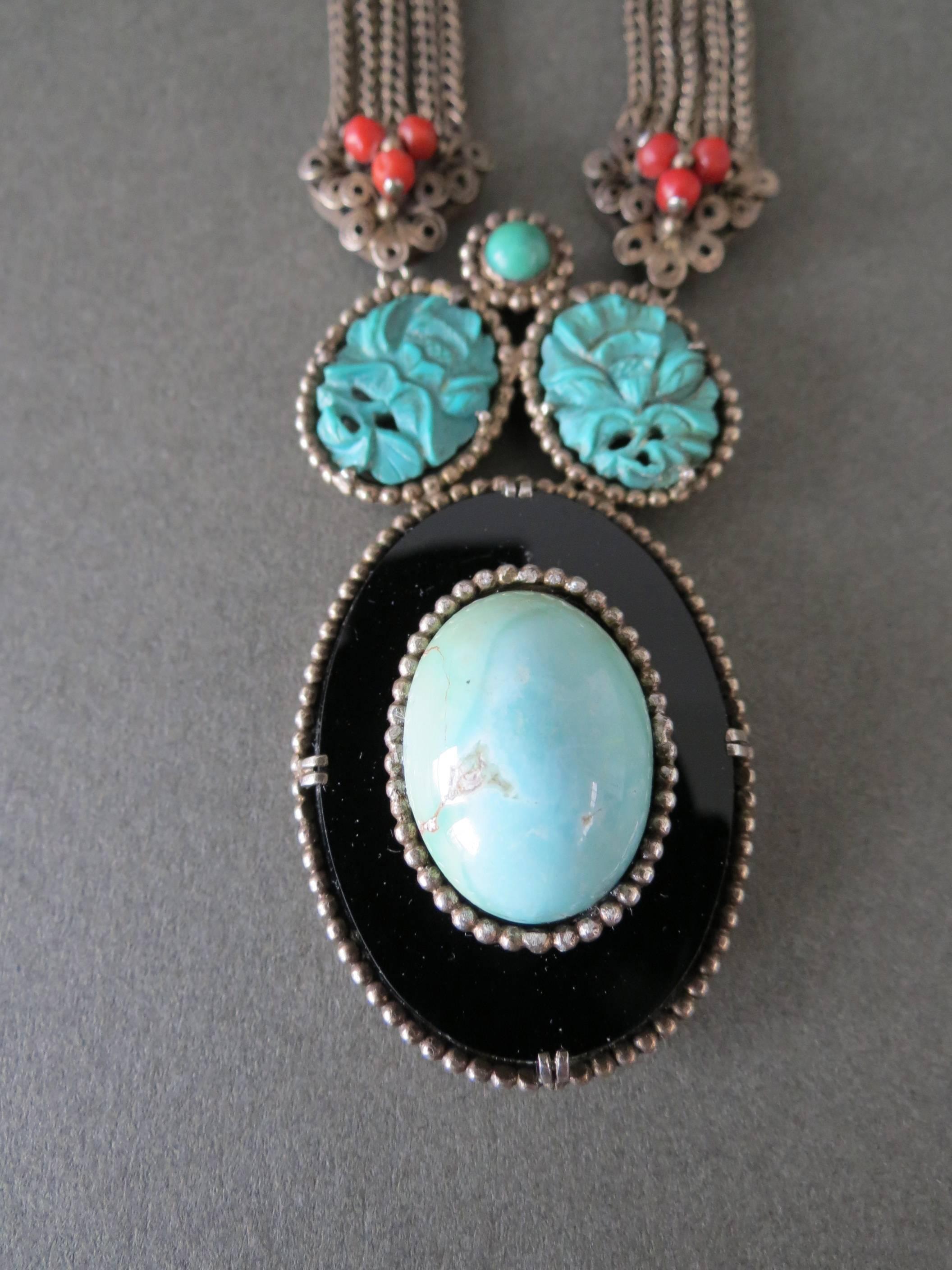 Art Deco Vintage Chinese Silver Carved Turquoise Coral Onyx Filigree Necklace For Sale