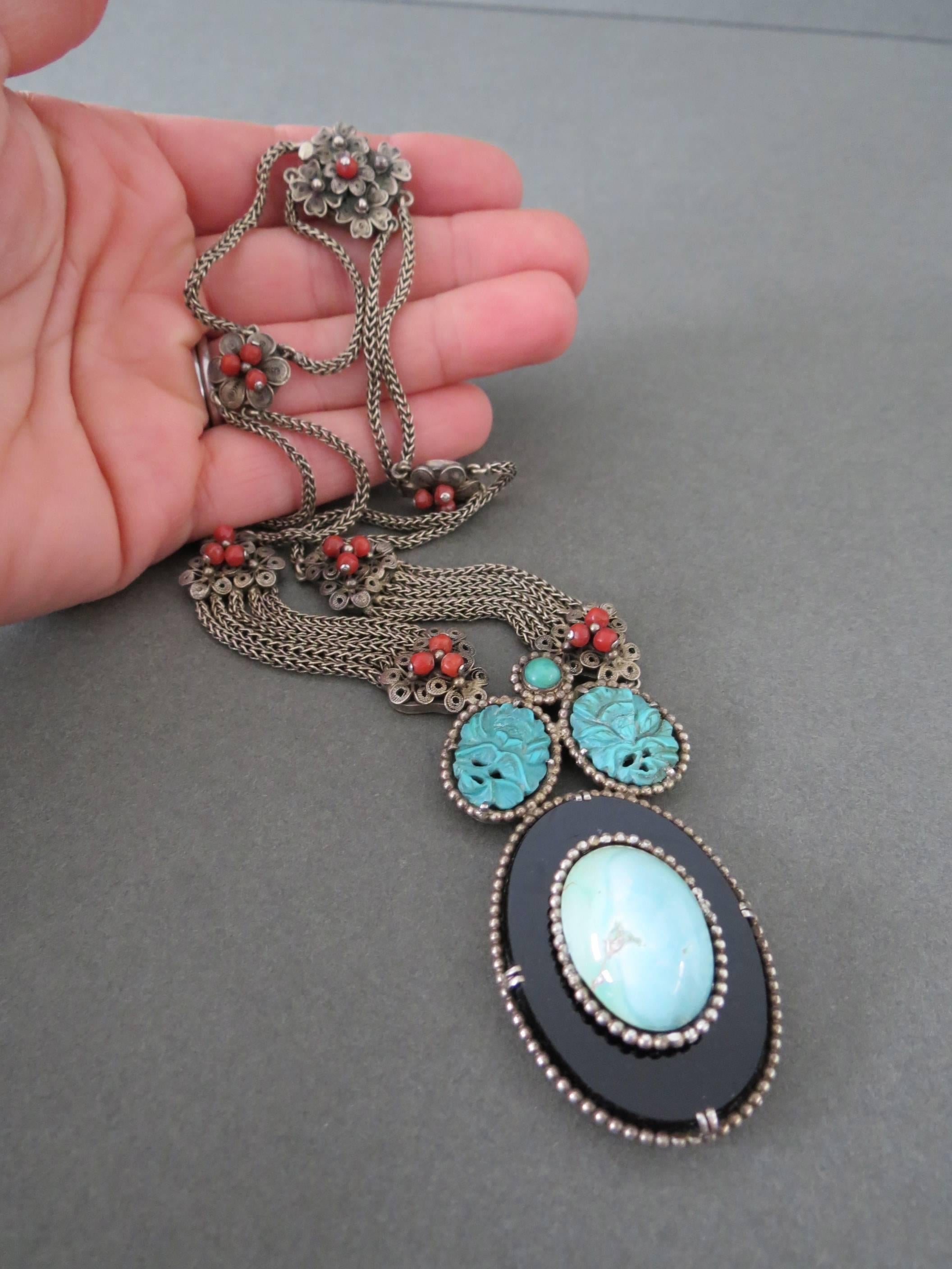 Vintage Chinese Silver Carved Turquoise Coral Onyx Filigree Necklace For Sale 1