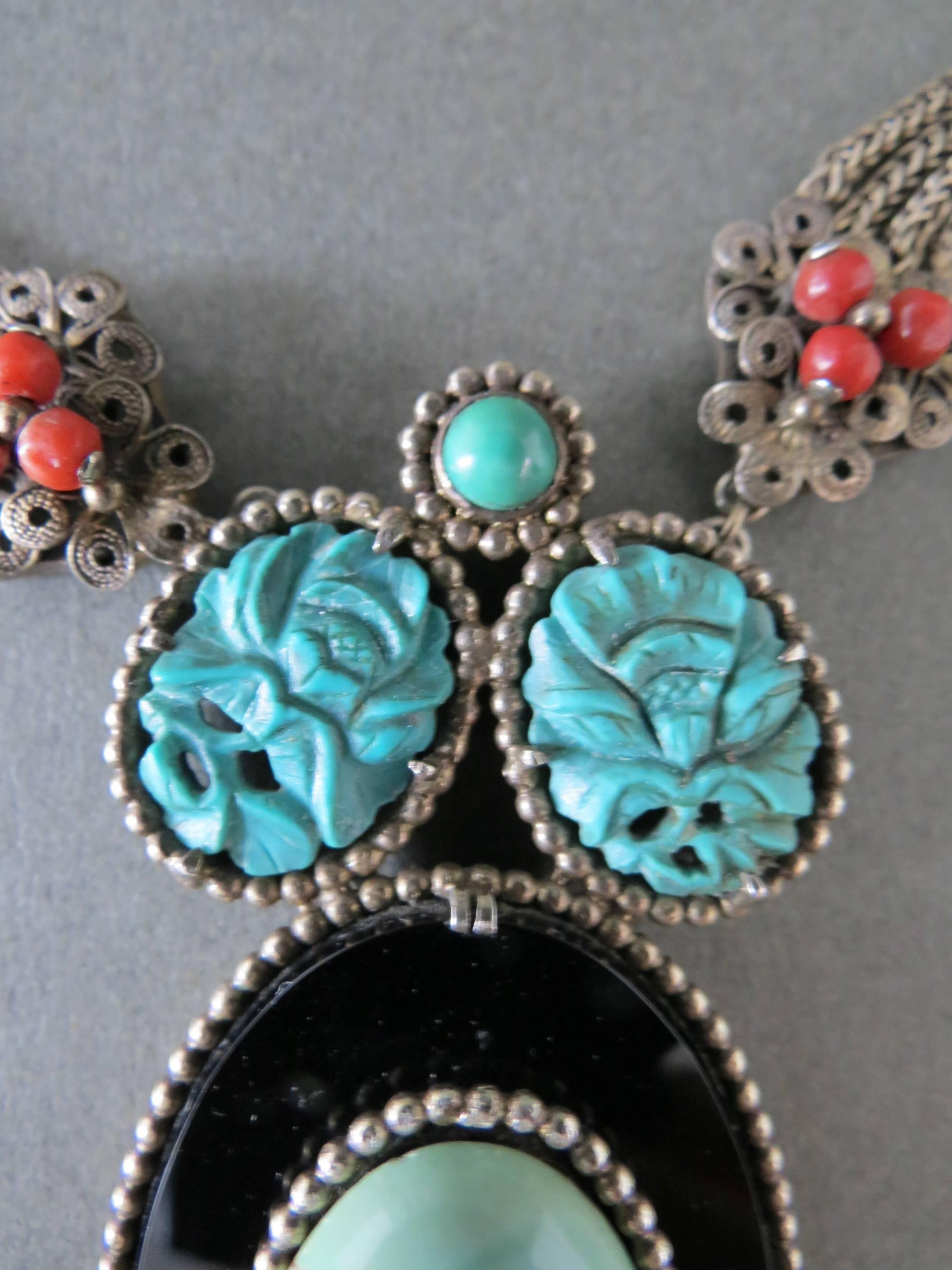 Women's Vintage Chinese Silver Carved Turquoise Coral Onyx Filigree Necklace For Sale