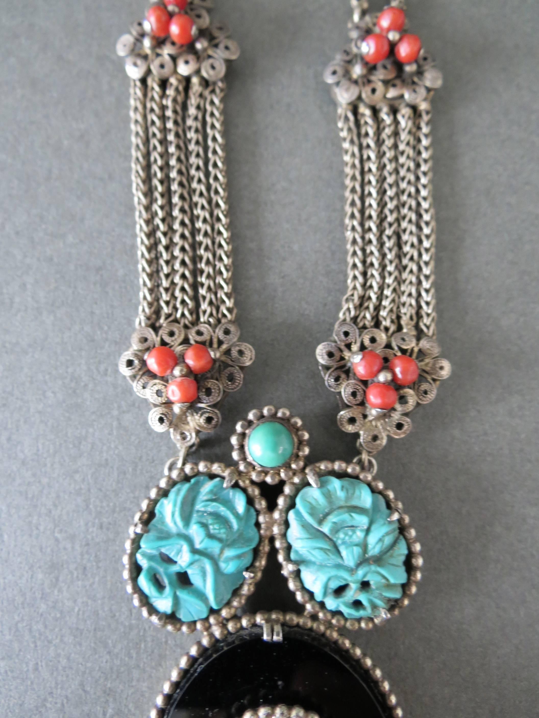 Vintage Chinese Silver Carved Turquoise Coral Onyx Filigree Necklace For Sale 4