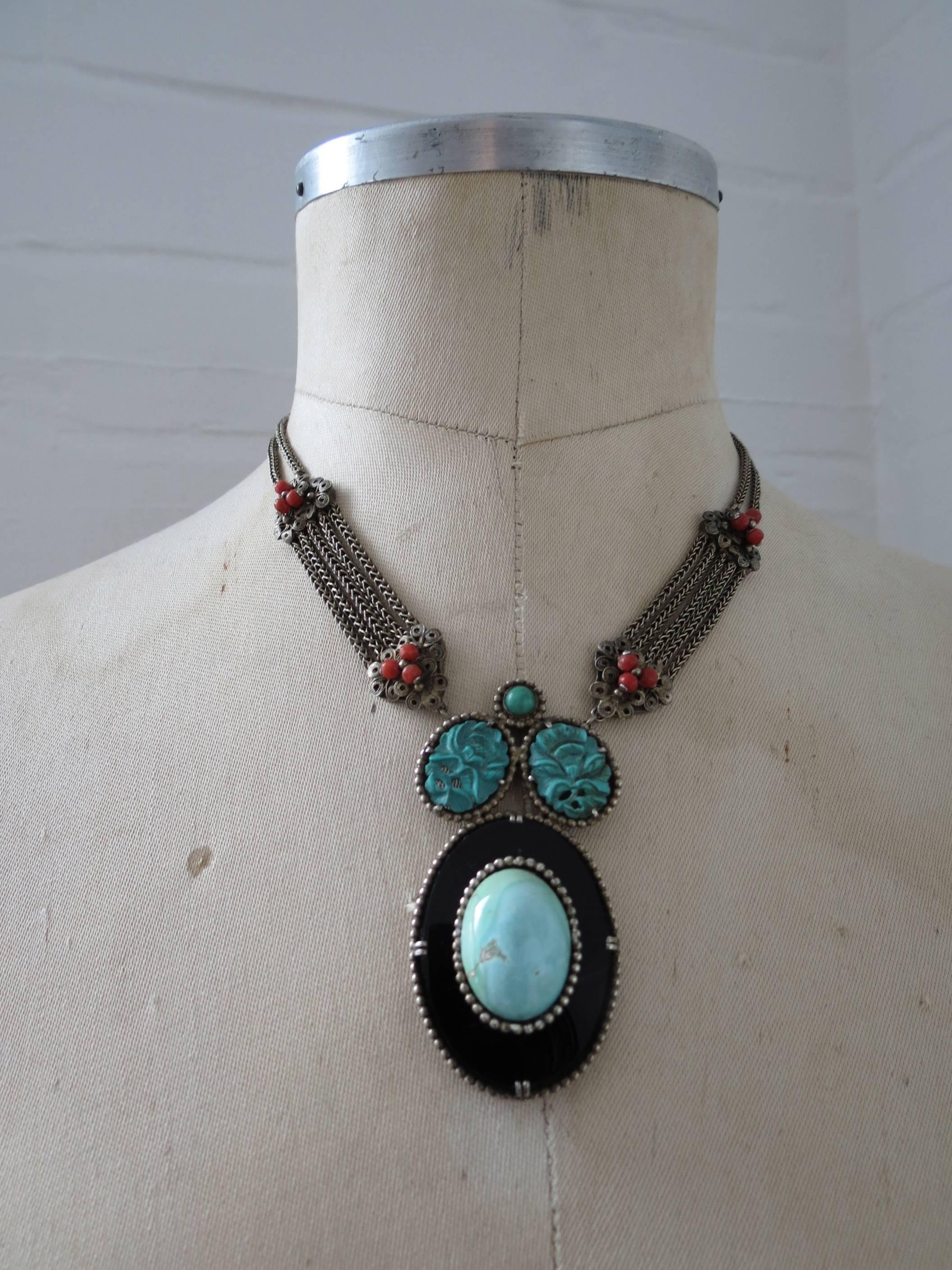 Vintage Chinese Silver Carved Turquoise Coral Onyx Filigree Necklace For Sale 2