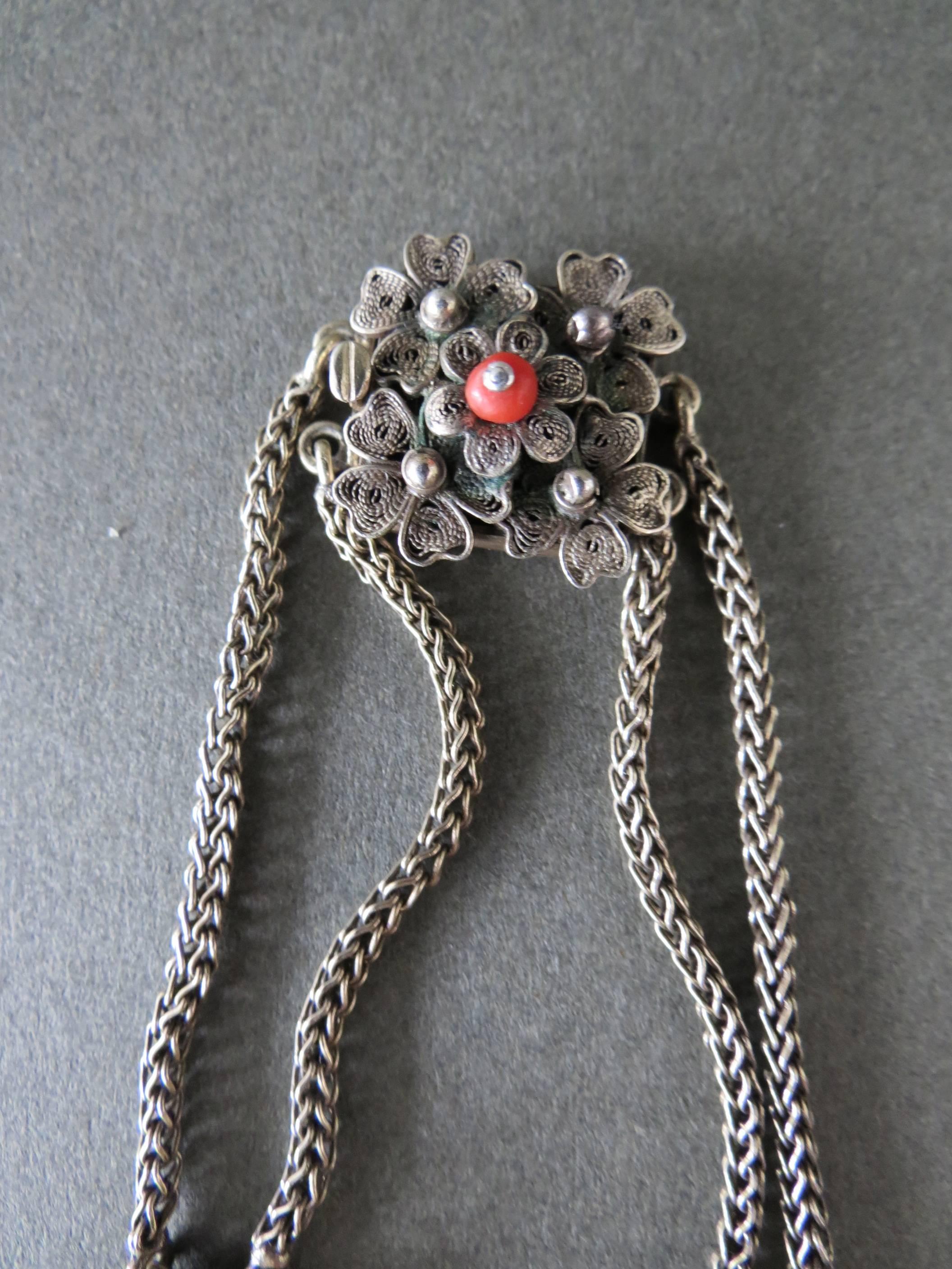 Vintage Chinese Silver Carved Turquoise Coral Onyx Filigree Necklace For Sale 5
