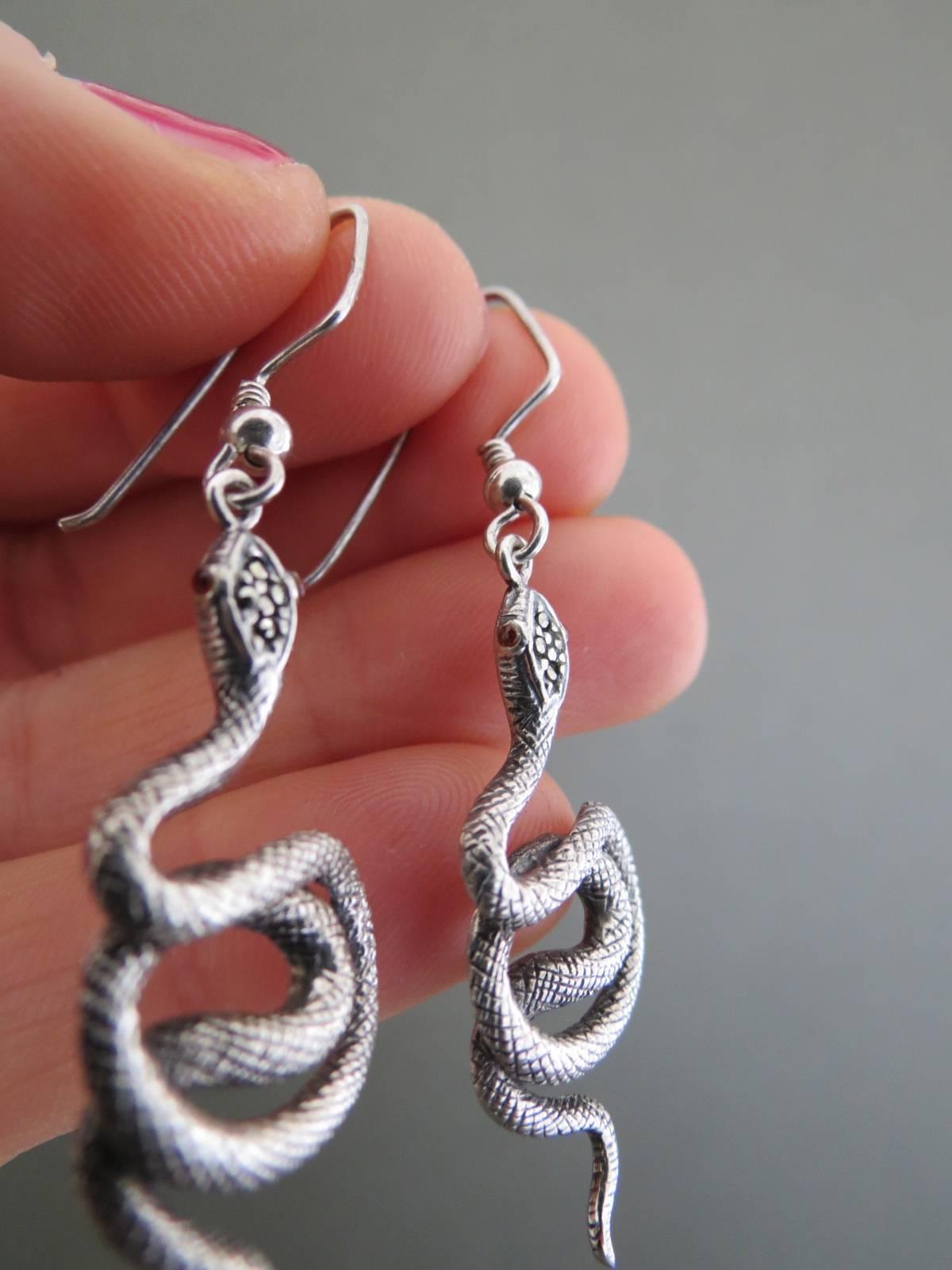 Women's Vintage Art Deco Silver Snake Garnet Marcasite Earrings For Sale