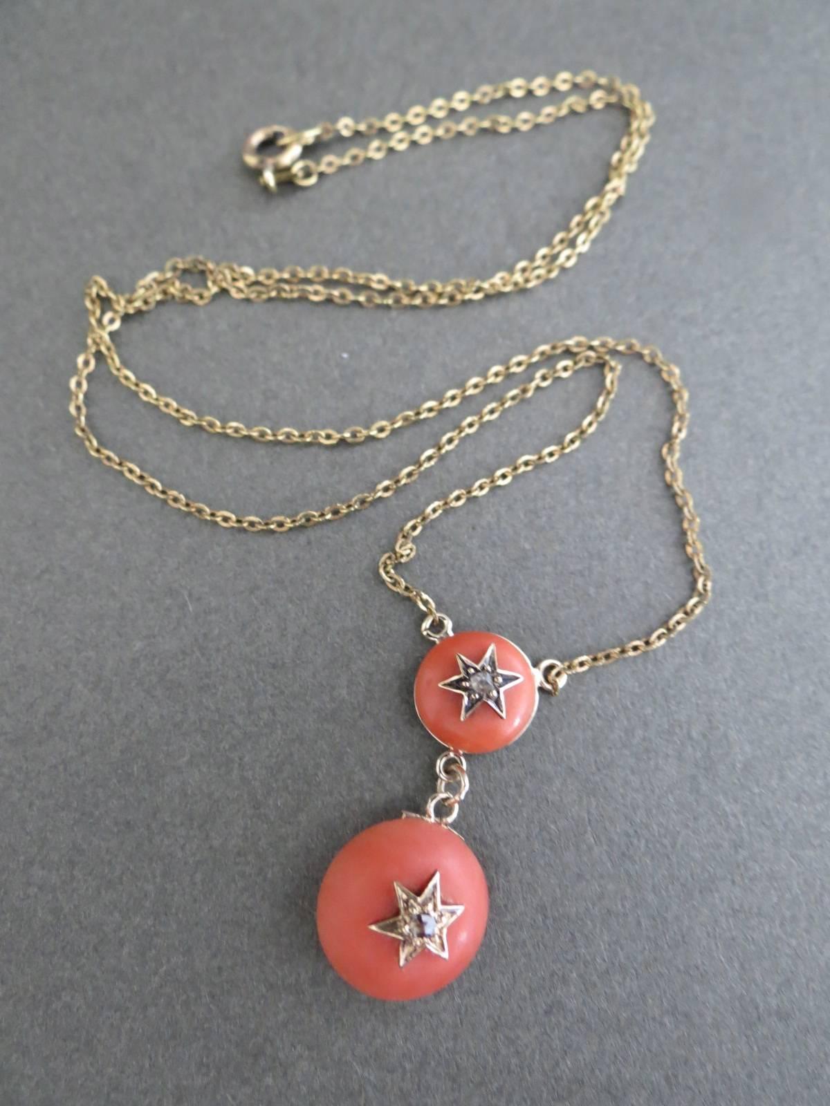Women's Vintage Diamond Salmon Coral 9ct 9k Gold Pendant Necklace