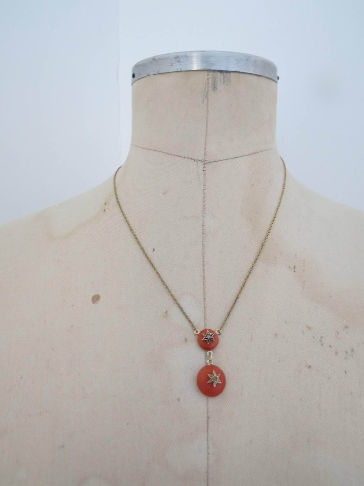 Art Deco Vintage Diamond Salmon Coral 9ct 9k Gold Pendant Necklace