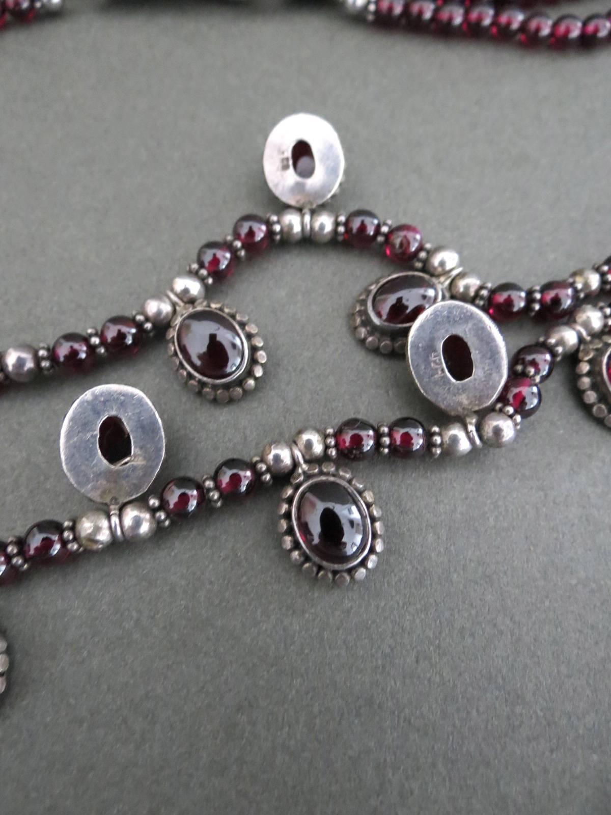 Women's or Men's Vintage Sterling Silver Garnet Multi Strand Necklace For Sale
