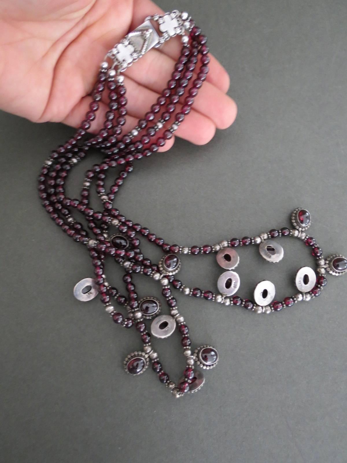 Vintage Sterling Silver Garnet Multi Strand Necklace For Sale 2