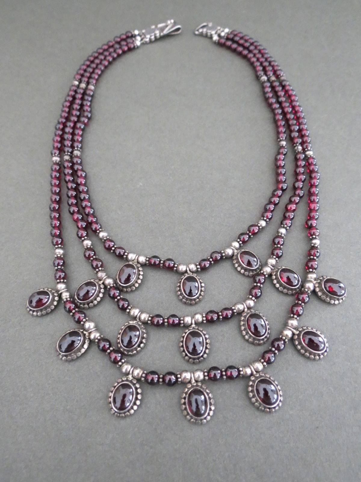 Artisan Vintage Sterling Silver Garnet Multi Strand Necklace For Sale