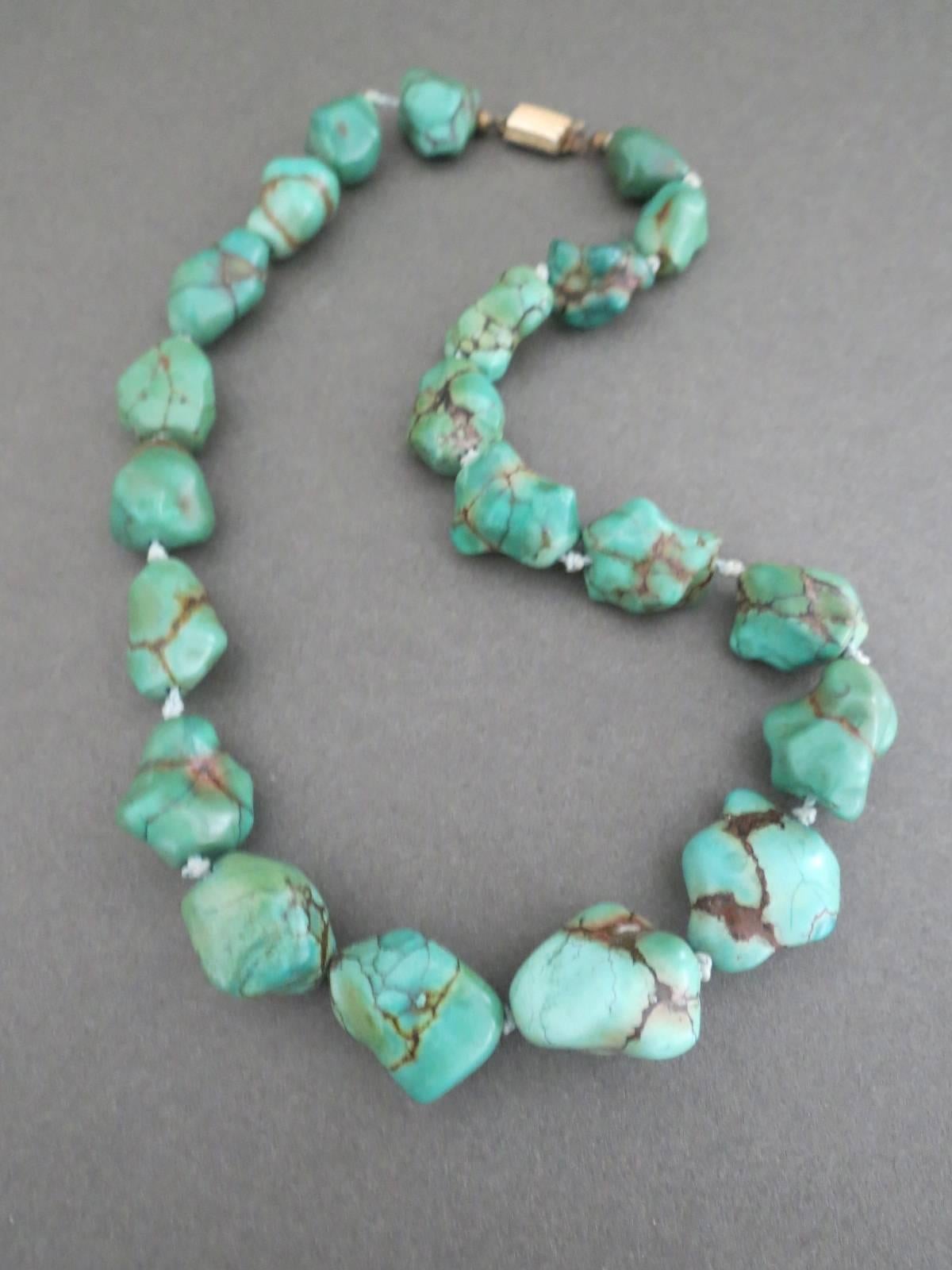 Artisan Vintage Chinese Turquoise Nugget Necklace Gold Plated Clasp For Sale