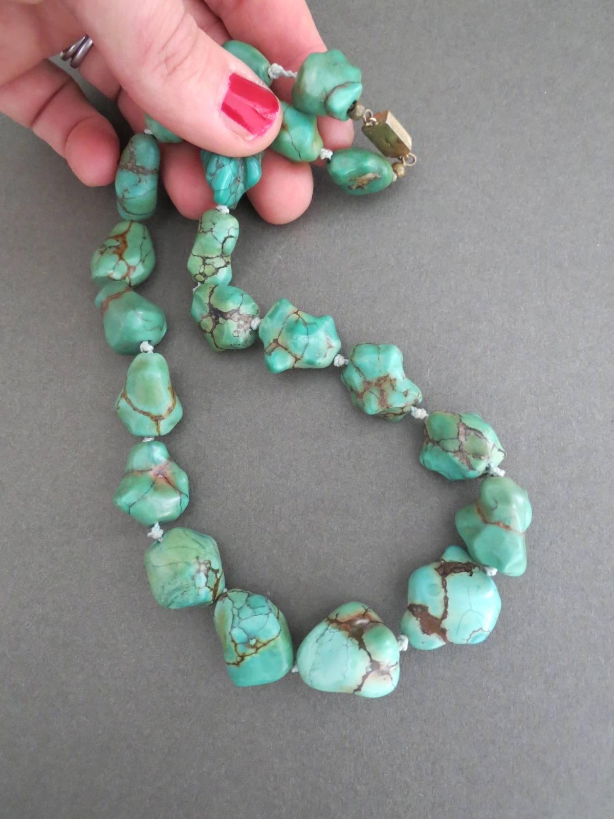 Vintage Chinese Turquoise Nugget Necklace Gold Plated Clasp For Sale 2