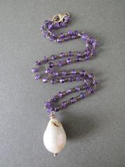Vintage Large Baroque Pearl Faceted Amethyst Silver Gilt Necklace