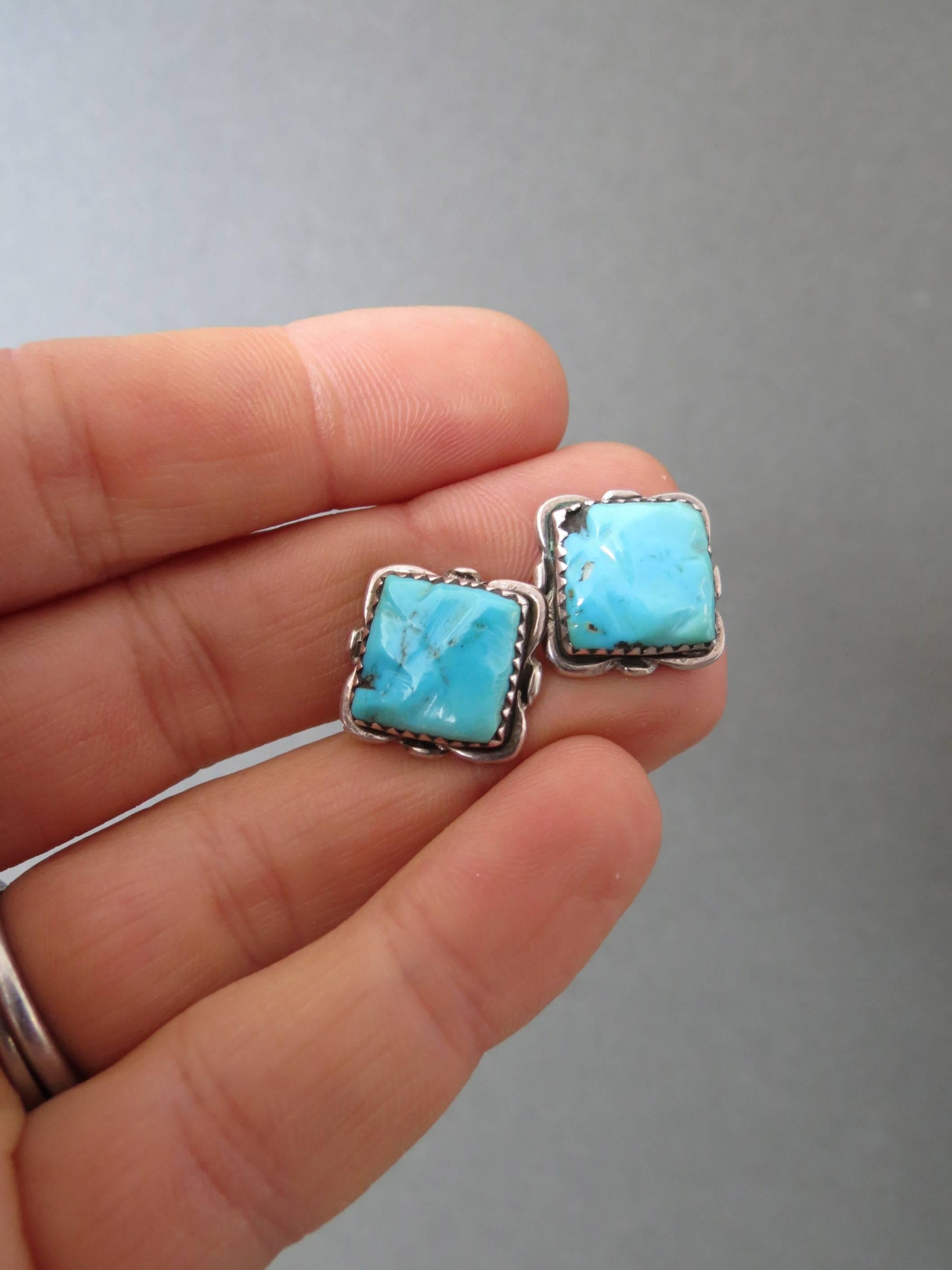 Arts and Crafts Vintage Navajo Turquoise Silver Native American Earrings by Alvina Quam Zuni For Sale