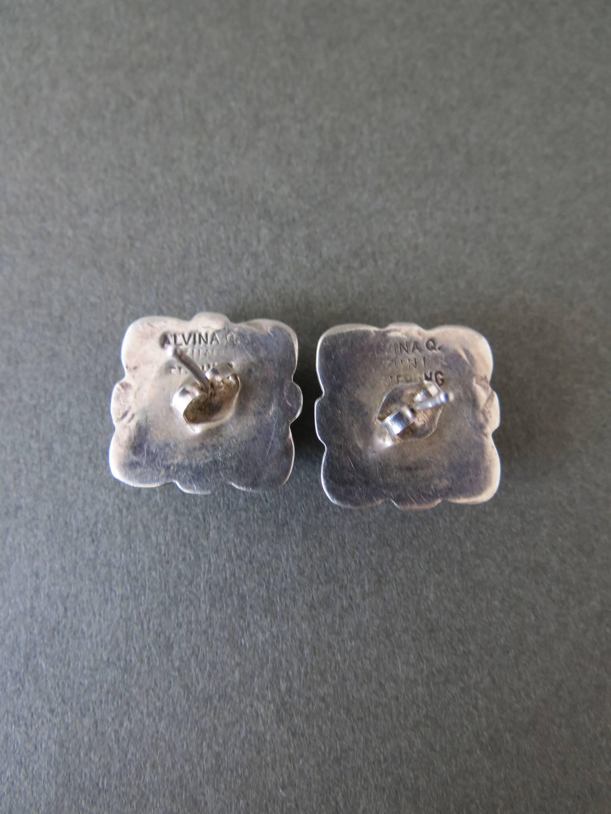 Vintage Navajo Turquoise Silver Native American Earrings by Alvina Quam Zuni In Good Condition For Sale In Hove, GB